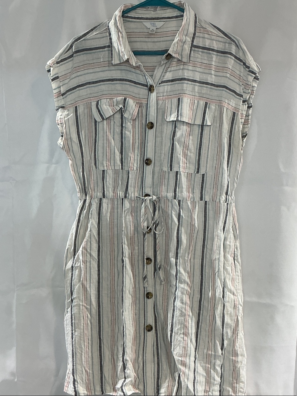 Time and Tru Striped Button-Front Mini Dress in White, Gray and Pink